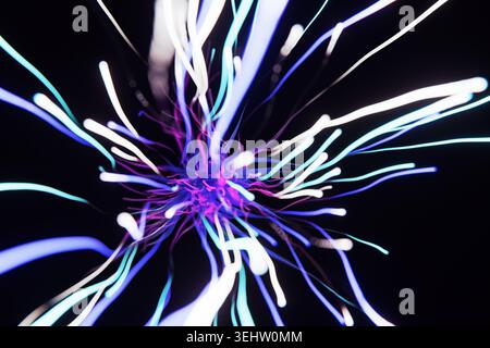 Abstrakte 3D-Illustration eines glühenden Energiekerns, der mit neonblauen, lila und weißen Lichtspuren explodiert. Futuristisches Konzept des Data flo Stockfoto