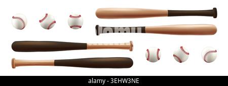 Schläger, Ball und Handschuh Baseball Clipart. 3D Player Equipment Vektorset. Vintage-Modell mit isoliertem Team-Logo. Holzstäbchen, weißer Softball, Leder Stock Vektor