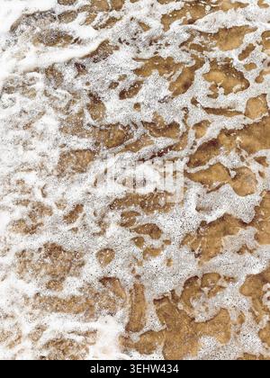 Meeresschaum, der über nassem Sand gespült wird, abstrakte Küstenstruktur mit natürlichen Blasen, warme Strandtöne und erfrischendem Hintergrund am Meer Stockfoto