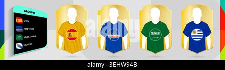 Fußballmannschaften der Gruppe H Trikot mit Spanien, Kap Verde, Saudi Arabien, Uruguay Flaggen. Ideal für Turniergruppen, Spielzeuge und Sportgrafiken. Stock Vektor