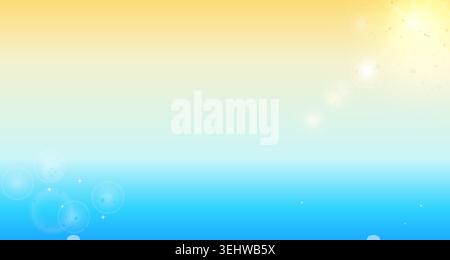 Blauer Ozean und gelber Himmelsverlaufshintergrund mit Sonnenlicht und Glitzerpartikeln. Abstrakte Sommer-Meereslandschaft Illustration mit Linseneffekt. Stock Vektor