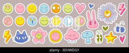 Trendiges Y2K Sticker Pack mit groovigen lächelnden Gesichtern, Herz und Blumen, Häschen und Katze, regnenden Wolken Retro-Cartoon-Vektor-Ikonen. Süßes, glückliches und trauriges Emoticons-Patch mit Augen im coolen Pop-Art-Stil Stock Vektor