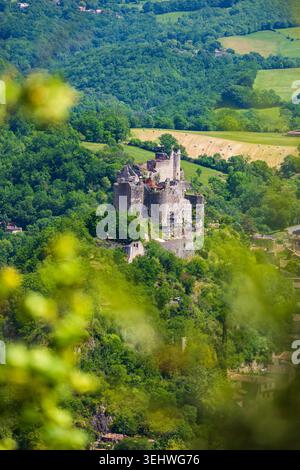 Schloss Penne auf einem felsigen Sporn mit Blick auf das Dorf im Herzen des Grésigne-Waldes und der Gorges de l'Aveyron Stockfoto