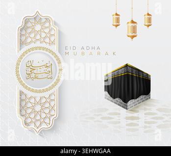 Luxuriöses Eid Adha Mubarak-Begrüßungsdesign mit Kaaba-Illustration, goldenem islamischem geometrischem Ornamentrahmen, arabischem Kalligrafiemedaillon, Stock Vektor