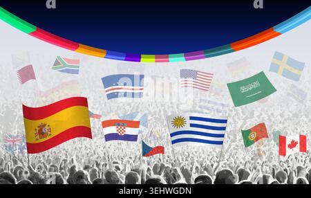 Internationale Fußballfans treffen sich im Stadion mit Nationalflaggen von Spanien, Kap Verde, Saudi-Arabien, Uruguay und anderen Fahnen von Fußballteilnehmern Stock Vektor