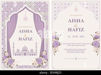 Elegante lila islamische Hochzeitseinladungskarte mit Moschee und Blumen Stock Vektor