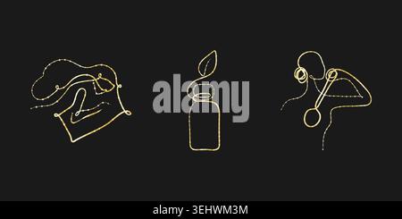 Drei elegante goldene, durchgehende Strichgrafik-Illustrationen auf schwarzem Hintergrund. Eines zeichnet sich durch eine abstrakte, fließende Form aus. Eine andere stellt eine Flasche mit einem Blatt dar. Stock Vektor