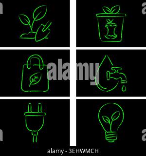 Sammlung umweltfreundlicher Symbole in Neongrün auf schwarzem Hintergrund Stock Vektor