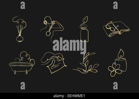 Set aus acht eleganten goldenen Strichgrafiken auf dunklem Hintergrund. Symbole zeigen einen Diffusor, eine Person mit Kopfhörern, eine Flasche, ein offenes Buch, eine Badewanne, Hände halten Stoff, Pflanze und eine zündete Kerze. Stock Vektor