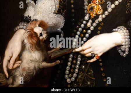 Detail eines Renaissance-Gemäldes, das einen kleinen Hund auf dem Schoß einer reichen Edelfrau zeigt, die viel Schmuck trägt Stockfoto