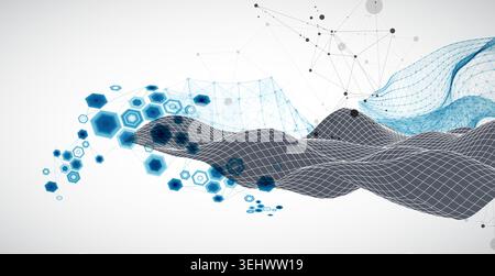 Geometrische Gitterlandschaft mit Plexuspartikeln und sechseckigen Elementen. Vektorvorlage für technisches Banner oder wissenschaftliche Präsentation. Stock Vektor