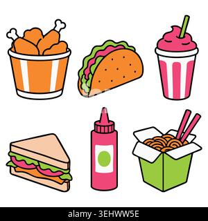 Streetfood-Gerichte lineare bunte Ikonen mit frittierten Nuggets Taco-Milchshake-Sandwich und Nudeln Stock Vektor