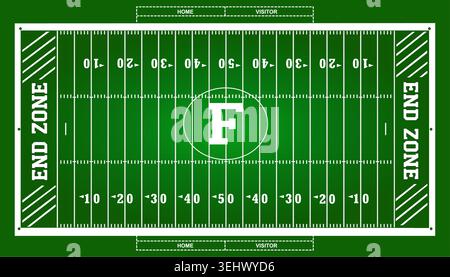 Top-down-Vektor-Illustration eines amerikanischen Fußballfeldes mit Yard-Linien, Endzonen und einem auffälligen F-Logo im 50-Yard-Mittelkreis Stock Vektor