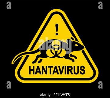 Gelbes dreieckiges Warnschild mit einer schwarzen Rattensilhouette mit einem Symbol für biologische Gefahrstoffe innen und dem fetten Text „HANTAVIRUS“ auf schwarzem Hintergrund Stock Vektor