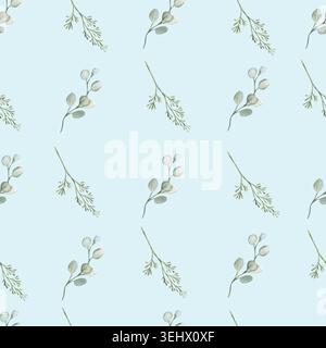 Grüner Eukalyptus Aquarellzweige nahtloses Muster auf blauem Hintergrund. Handgezeichnete botanische Illustration. Perfekt für Stoffe, Tapeten, Verpackungen Stockfoto
