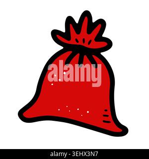 Weihnachtsmann-Geschenksack mit Schneeflocken-Ornament kritzeln. Handgezeichnete Weihnachtstasche mit Geschenken isoliert auf weißem Hintergrund. Symbol für Winterferien, rot Stock Vektor