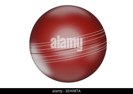 Glänzend rote Cricketkugel isoliert auf reinweißem Hintergrund. Realistisches 3D-Rendering eines traditionellen Matchball aus Leder mit detaillierten weißen Nähten und Stockfoto