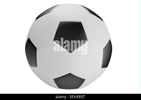 Klassischer schwarz-weißer Fußball isoliert auf einem sauberen weißen Hintergrund. Perfekte 3D-Illustration eines traditionellen Fußballballs für Sportmarketing, Stockfoto