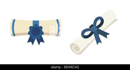 Zwei Diplom- und Bildlaufsymbole mit blauen Bändern Stock Vektor