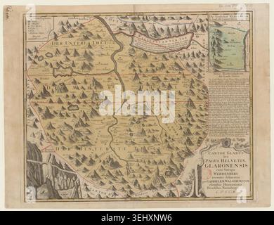 Kanton Glarus und Werdenberg sind in dieser Schweizer Landkarte von Gabriel Walser aus dem Jahr 1768 genau abgegrenzt. Gebirgszüge, Brücken, Wappen und dekorative Kartuschen bilden die alpinen Gebietsabteilungen in der Zentralschweiz. Stockfoto