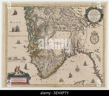 Eine gravierte Karte zeigt die Diözesen Stavanger Bergen und Oslo in Südnorwegen. Das Blatt enthält kirchliche Abteilungen heraldisches Wappen dekorative Kartuschen Engel in Kunst und Segelschiffe, die mit der nördlichen Meeresgeographie verbunden sind. Stockfoto