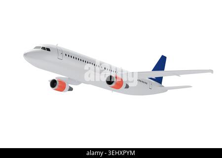 Ein kommerzielles Flugzeug, das abhebt, isoliert auf weißem Hintergrund. Allgemeines weißes Passagierflugzeug mit roten Motoren und blauem Tail im Flug. Konzept o Stockfoto