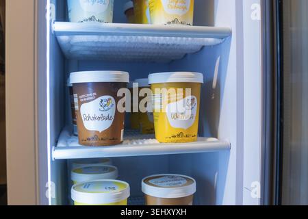 Verschiedene Eisbecher auf dem Kühlregal, Sorten wie Schokolade und Walnuss sichtbar, Cafe Kuh, Deckenpfronn, Deutschland Stockfoto