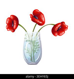 Vektorrot Mohnblumen Blumenstrauß in Glasvase Stock Vektor