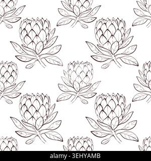 Nahtloses Protea-Muster, schwarze und weiße Linie Kunst Vektor-Illustration, botanischer floraler Wiederholungshintergrund Stock Vektor