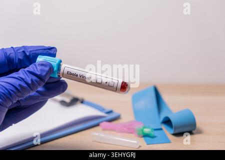 Handschuhe, die ein Reagenzglas mit einer Blutprobe halten, was auf ebola-Virustest und -Diagnose hinweist Stockfoto