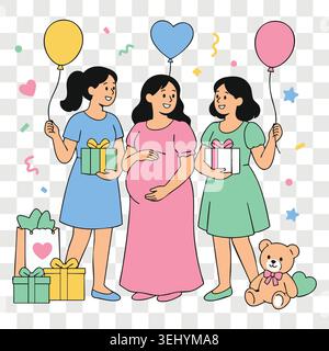 Babyparty-Konzept mit drei glücklichen schwangeren Freundinnen, die zusammen mit Ballons und Geschenken stehen Stock Vektor