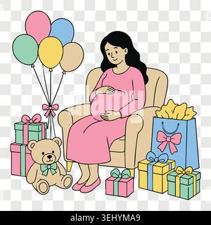 Babyduschkonzept mit glücklicher schwangeren Frau, die im Sessel neben einem Haufen von Geschenken und Teddybären sitzt Stock Vektor