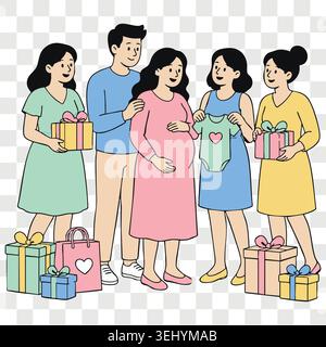 Baby-Dusche-Party-Konzept mit einer Gruppe von glücklichen verschiedenen Freunden, die schwangere Frauen feiern und Geschenke schenken Stock Vektor