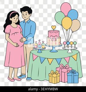 Babyduschkonzept mit fröhlichen zukünftigen Eltern, die neben einem festlichen Tisch mit Kuchen-Cupcakes und Ballons stehen Stock Vektor
