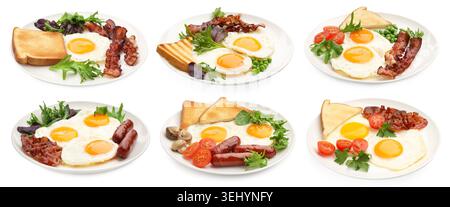 Leckere Spiegeleier zum Frühstück isoliert auf weiß, Set Stockfoto
