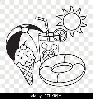 Sommerskizze am Strand mit Eis-Cocktail-Strandball und Rettungsschirm unter strahlender Sonne Stock Vektor