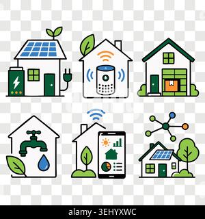 Smart Home Infrastruktur Symbole mit Automatisierungssystem Solaranlagen Sicherheitskamera und umweltfreundlicher Technologie Stock Vektor