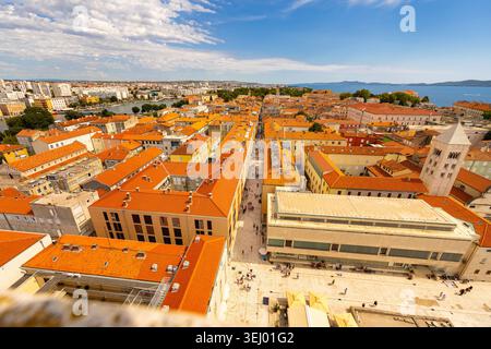 Panoramablick auf das Forum Romanum vom Glockenturm der Kathedrale St. Anastasia in Zadar, Kroatien Stockfoto