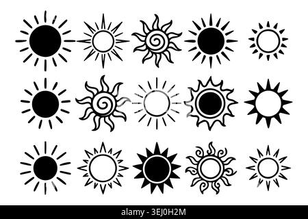 Ein vielfältiges Sortiment von fünfzehn stilisierten Sonnensymbolen und -Symbolen, handgezeichnet in kräftigen schwarzen Silhouetten Stock Vektor
