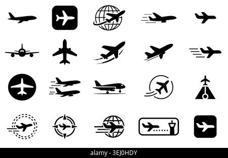Eine umfassende Sammlung minimalistischer schwarzer Vektorglyphen und Symbole, die Flugzeuge, Flugwege, Flughäfen und globale Reisen darstellen Stock Vektor
