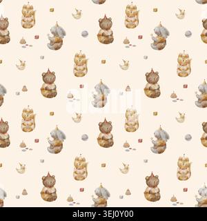 Muster Vintage Tiere, Teddybär Fuchs Kaninchen Ente, Spielzeugpyramide. Handgezeichnete Aquarellillustration im kindlichen Stil. Nahtloser Druck Stockfoto