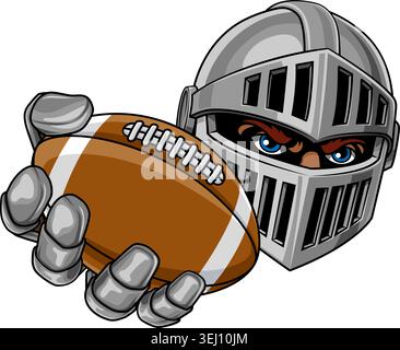 Ein mittelalterlicher Ritterkrieger in Rüstung, ein Maskottchen des American Football-Zeichentrickfiguren-Sportteams, der einen Ball hält. Stock Vektor