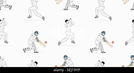 Nahtloses Muster Für Cricket-Spieler. Schlagmann Im Helm Mit Fledermaus Und Rotem Ball Und Bowler Auf Weißem Hintergrund. Vektorabbildung. Horizontaler Sport Stock Vektor