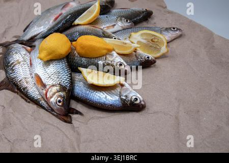 Frischer roher Flussfisch mit Zitronen auf hellblauer Oberfläche für das Kochen von Meeresfrüchten Stockfoto