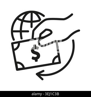 Globale Bargeld-Hand mit schwarzem Vektorsymbol. Das weltweite Transaktionskonzept steht für den Geldtransfer. eps 10 Stock Vektor