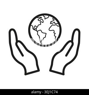 Hände, die das Symbol des schwarzen Planetenvektors halten, bieten globale Pflege. Das Weltökologiekonzept ergänzt Umweltschutzprojekte. eps 10 Stock Vektor