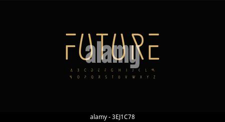 Future Minimal-Schriftart auf schwarzem Hintergrund mit aufgesetzten modernen Luxusbuchstaben für Tech-Branding, Fashion-Logo, redaktionellen Titel und Premium Stock Vektor