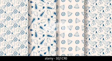 Set mit nahtlosen Mustern aus Sommerfrüchten im mediterranen Stil. Handgezeichneter Vintage-Pflaumendruck mit Früchten und Beeren. Beige Hintergründe mit Blau Stock Vektor