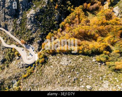 Blick aus der Vogelperspektive auf eine gewundene Bergstraße, umgeben von lebhaften Herbstbäumen und zerklüfteten Granitfelsen in Loriga, Guarda District, Portugal. Stockfoto