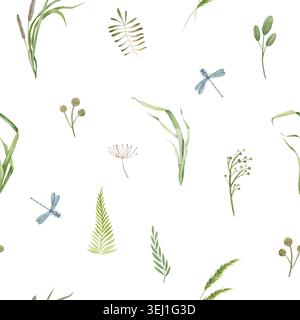 Nahtloses Blumenmuster mit zarten Waldblättern, Farnen, Gras und Libellen auf weiß. Handgezeichnete Aquarellillustration Natur Textur Element. Stockfoto